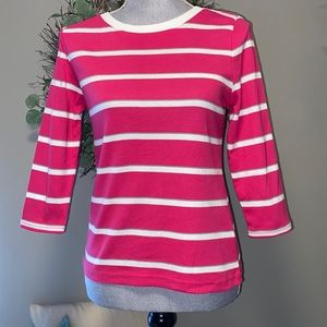 Croft & Barrow round neck 3/4 sleeve striped cotton top Pink white grey PXS EUC